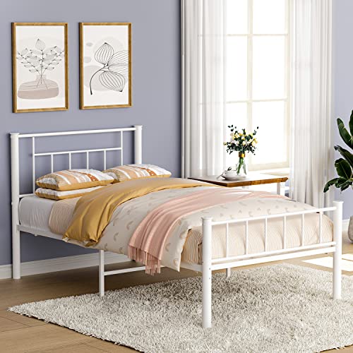 4 EVER WINNER Twin Metal Bed Frames, 14 Inch Twin Bed Frames with Headboard and Footboard, Platform Bed Frame with Storage, No Box Spring Needed, Mattress Foundation, Easy Assembly. White