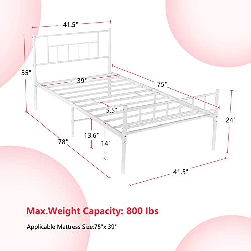 4 EVER WINNER Twin Metal Bed Frames, 14 Inch Twin Bed Frames with Headboard and Footboard, Platform Bed Frame with Storage, No Box Spring Needed, Mattress Foundation, Easy Assembly. White