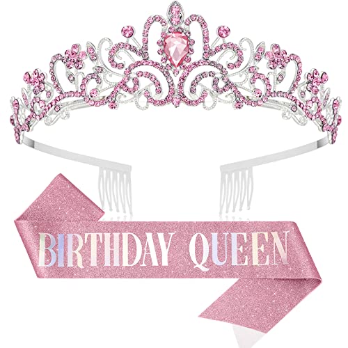 Makone Birthday Tiara for Women, Birthday Queen Crowns with Birthday Girl Sash, Crown for Girls Pink, Rhinestone Tiaras with Combs, Crystal Headband Hair Accessories Glitter Sash for Party