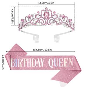Makone Birthday Tiara for Women, Birthday Queen Crowns with Birthday Girl Sash, Crown for Girls Pink, Rhinestone Tiaras with Combs, Crystal Headband Hair Accessories Glitter Sash for Party