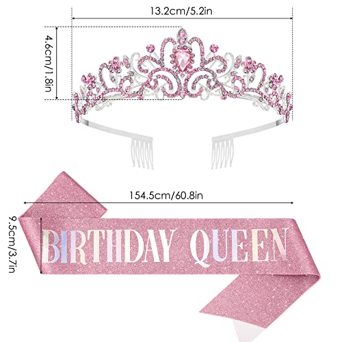 Makone Birthday Tiara for Women, Birthday Queen Crowns with Birthday Girl Sash, Crown for Girls Pink, Rhinestone Tiaras with Combs, Crystal Headband Hair Accessories Glitter Sash for Party