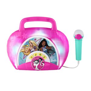 ekids barbie sing along boom box speaker with microphone for fans of barbie toys, kids karaoke machine with built in music and flashing lights