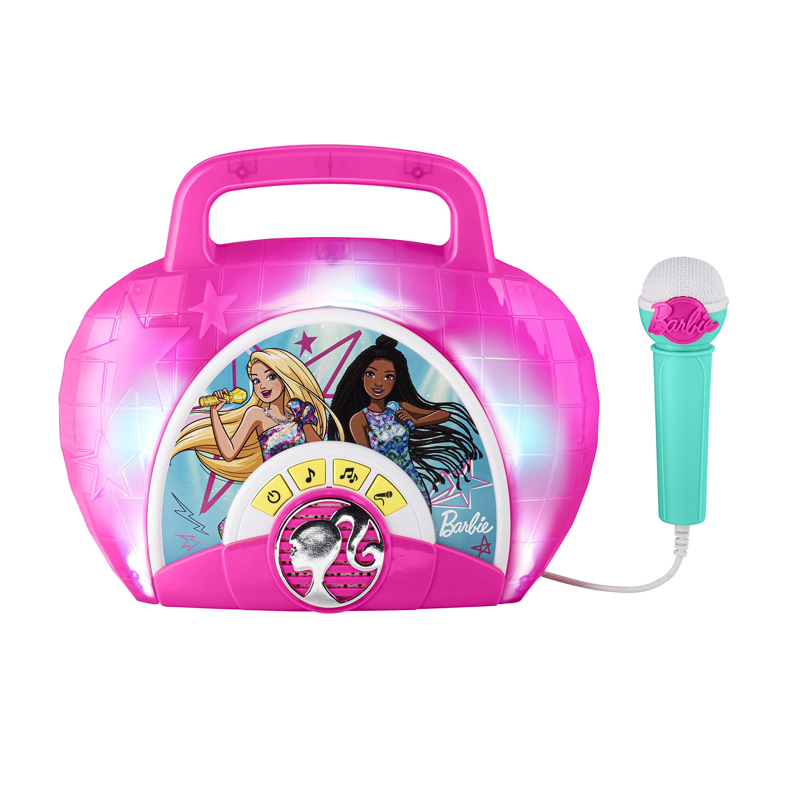 eKids Barbie Sing Along Boom Box Speaker with Microphone for Fans of Barbie Toys, Kids Karaoke Machine with Built in Music and Flashing Lights