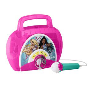 eKids Barbie Sing Along Boom Box Speaker with Microphone for Fans of Barbie Toys, Kids Karaoke Machine with Built in Music and Flashing Lights