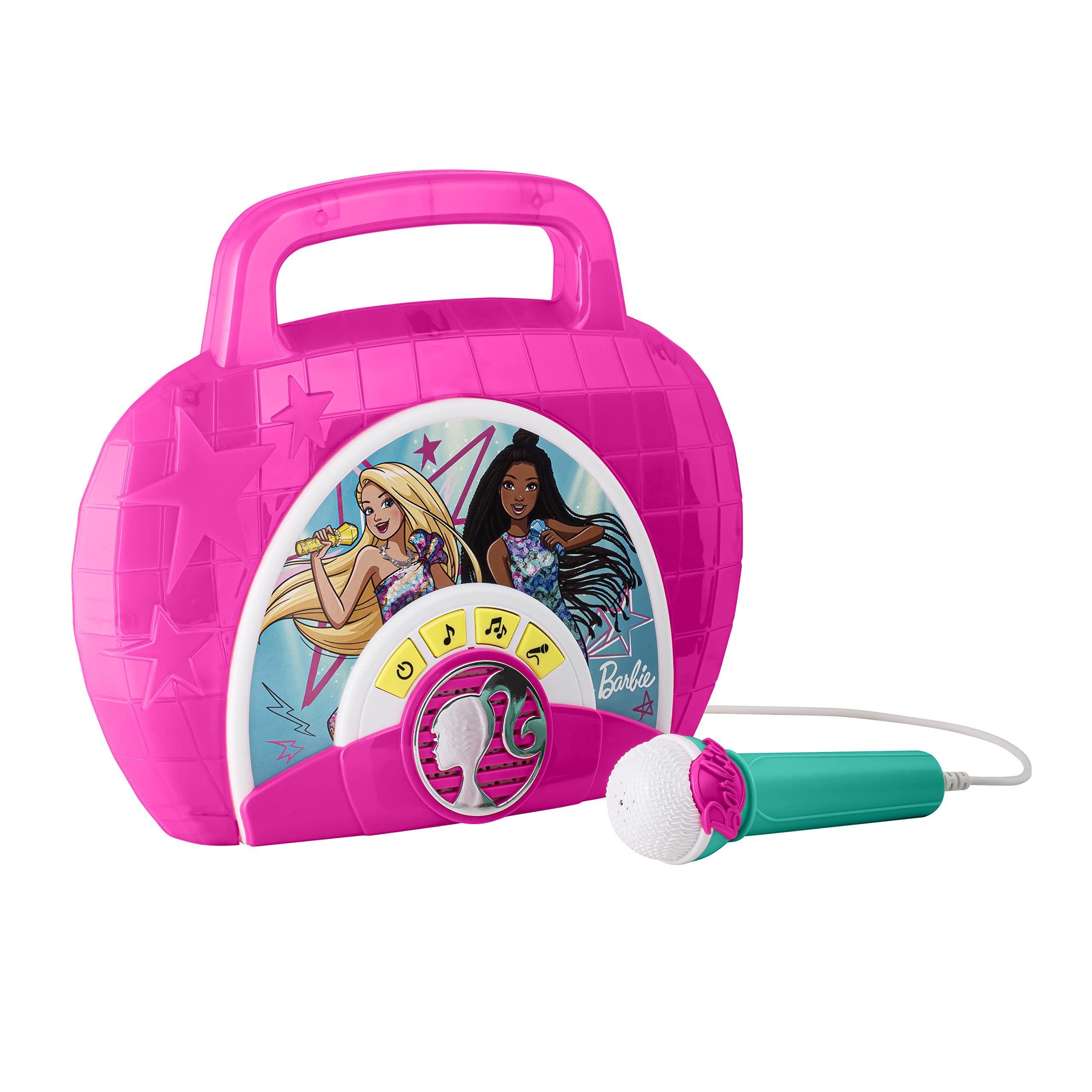 eKids Barbie Sing Along Boom Box Speaker with Microphone for Fans of Barbie Toys, Kids Karaoke Machine with Built in Music and Flashing Lights