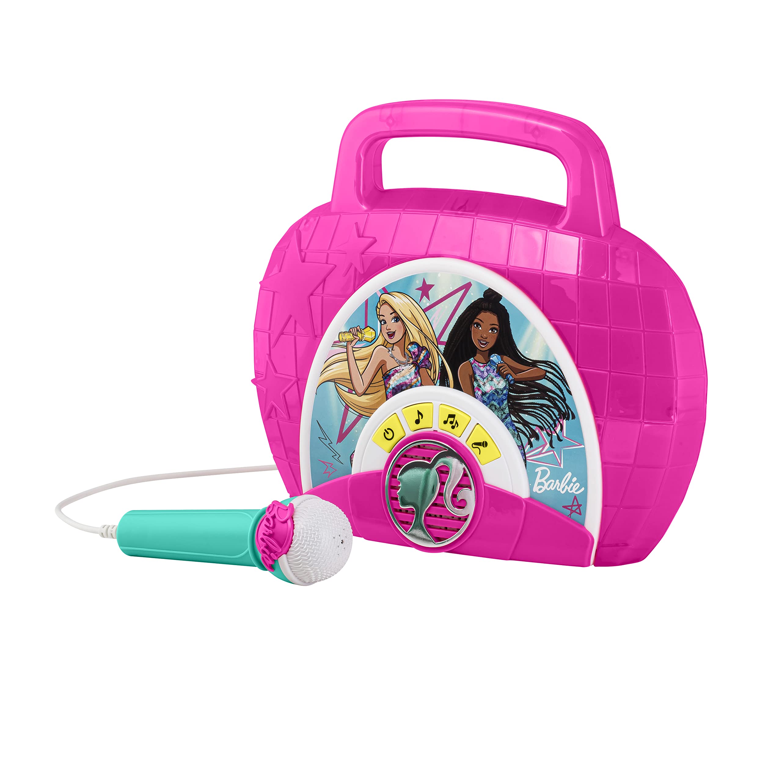 eKids Barbie Sing Along Boom Box Speaker with Microphone for Fans of Barbie Toys, Kids Karaoke Machine with Built in Music and Flashing Lights