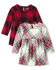 the children's place baby girls' long sleeve 100% cotton onesie bodysuits, red plaid/white stripe, 3-6 months