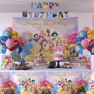 nelton party supplies for princess includes cake topper, 24 cupcake toppers, 20 latex balloons, happy birthday backdrop, 1 table cloth , 1 banner