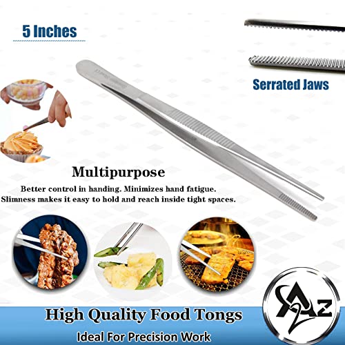 5 Inch Professional Culinary Stainless Steel Precision Tongs with Serrated Tips, Plating/Food Presentation Detailing Serving Tongs, Chef's Kitchen Tweezer Tongs - Ultra Non-Slip Grip