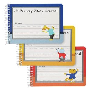 oxford jr. primary composition spiral notebooks, half size, 4-7/8 x 7-1/2 inches, kids handwriting & drawing story journal, pre-k, grades k-2, 100 sheets/200 pages, 3 pack, red, yellow, blue