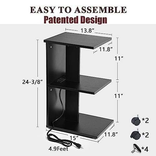 ZGREN End Table with Charging Station, Narrow Side Tables for Small Spaces with USB Ports and Outlets Rolling Bedside Nightstand Sofa Couch Side Slim Shelf Night Stand for Living Room, Bedroom, Black