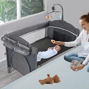 5 in 1 baby crib,baby bassinet, bedside cribs, pack and play with bassinet and changing table, portable travel baby playpen with bassinet toys & music box,mattress for girl boy infant newborn (grey)