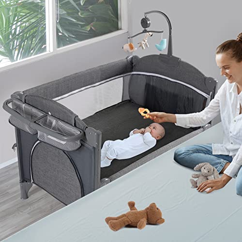 5 in 1 Baby Crib,Baby Bassinet, Bedside Cribs, Pack and Play with Bassinet and Changing Table, Portable Travel Baby Playpen with Bassinet Toys & Music Box,Mattress for Girl Boy Infant Newborn (Grey)