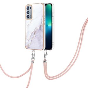 onv lanyard case for oppo reno 6 pro+ 5g - crossbody detachable neck strap phone case silicone bumper marble painted tpu ultra thin cover for oppo reno 6 pro+ 5g [marble] -white