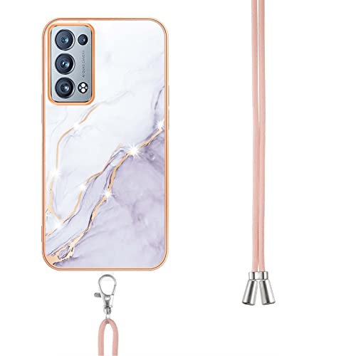 ONV Lanyard Case for Oppo Reno 6 Pro+ 5G - Crossbody Detachable Neck Strap Phone Case Silicone Bumper Marble Painted TPU Ultra Thin Cover for Oppo Reno 6 Pro+ 5G [Marble] -White
