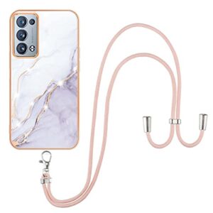 ONV Lanyard Case for Oppo Reno 6 Pro+ 5G - Crossbody Detachable Neck Strap Phone Case Silicone Bumper Marble Painted TPU Ultra Thin Cover for Oppo Reno 6 Pro+ 5G [Marble] -White