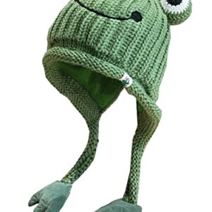 Women Cute Frog Hat Crochet Knitted Hat Big Eye Frog Hat Winter Ear Protective Beanie Knitted Caps Outdoors Green