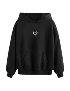 milumia girl's cute hoodie heart print pocket front sweatshirts drop shoulder casual pullovers for kid's fall outfits a black