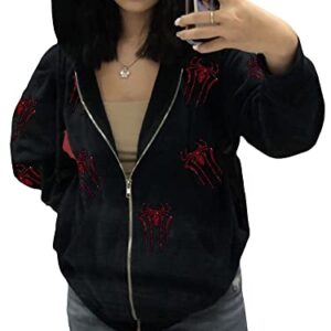 Cbsdezanos Y2k Zip Up Hoodie for Women Rhinestones Skull Skeleton Hoodies Long Sleeve Hooded Sweatshirt Gothic Harajuku Streetwear (Black Red Spider, S)