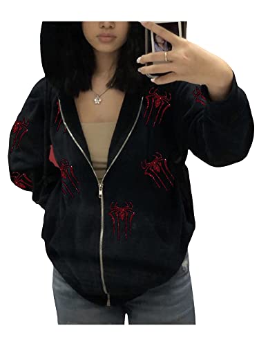 Cbsdezanos Y2k Zip Up Hoodie for Women Rhinestones Skull Skeleton Hoodies Long Sleeve Hooded Sweatshirt Gothic Harajuku Streetwear (Black Red Spider, S)