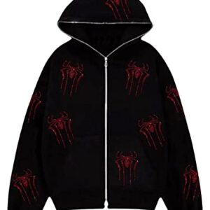 Cbsdezanos Y2k Zip Up Hoodie for Women Rhinestones Skull Skeleton Hoodies Long Sleeve Hooded Sweatshirt Gothic Harajuku Streetwear (Black Red Spider, S)