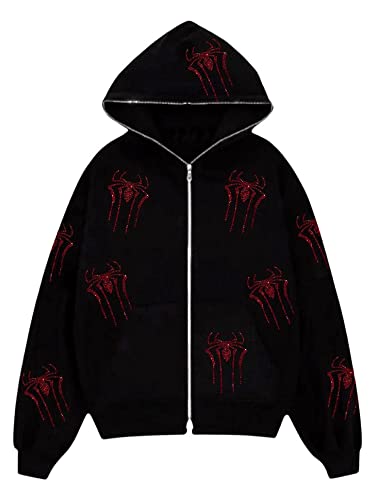 Cbsdezanos Y2k Zip Up Hoodie for Women Rhinestones Skull Skeleton Hoodies Long Sleeve Hooded Sweatshirt Gothic Harajuku Streetwear (Black Red Spider, S)