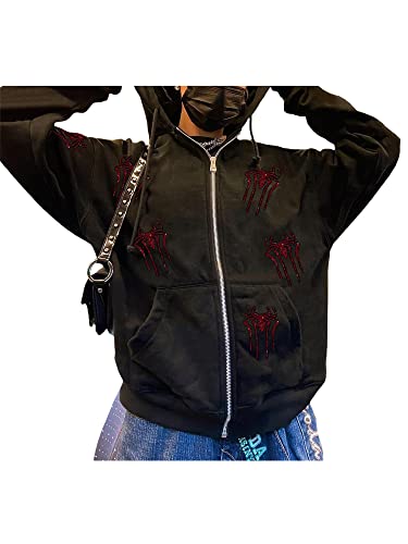Cbsdezanos Y2k Zip Up Hoodie for Women Rhinestones Skull Skeleton Hoodies Long Sleeve Hooded Sweatshirt Gothic Harajuku Streetwear (Black Red Spider, S)