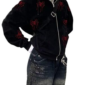 Cbsdezanos Y2k Zip Up Hoodie for Women Rhinestones Skull Skeleton Hoodies Long Sleeve Hooded Sweatshirt Gothic Harajuku Streetwear (Black Red Spider, S)