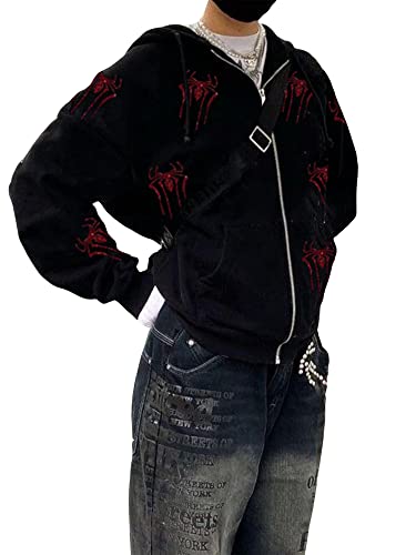 Cbsdezanos Y2k Zip Up Hoodie for Women Rhinestones Skull Skeleton Hoodies Long Sleeve Hooded Sweatshirt Gothic Harajuku Streetwear (Black Red Spider, S)