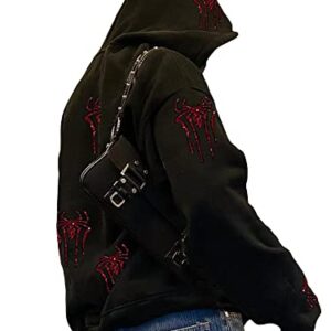 Cbsdezanos Y2k Zip Up Hoodie for Women Rhinestones Skull Skeleton Hoodies Long Sleeve Hooded Sweatshirt Gothic Harajuku Streetwear (Black Red Spider, S)