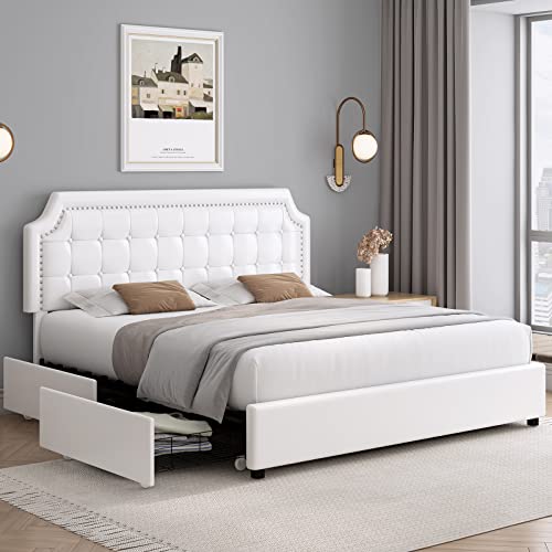 Keyluv Full Size Bed Frame with 4 Drawers, Upholstered Platform Storage Bed with Curved Button Tufted Headboard with Nailhead Trim, Solid Wooden Slats Support, No Box Spring Needed, Off White