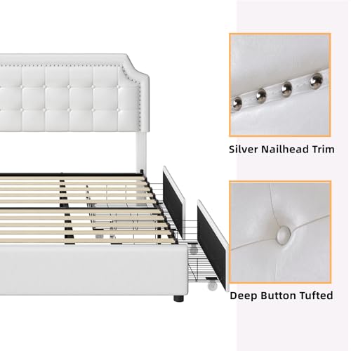 Keyluv Full Size Bed Frame with 4 Drawers, Upholstered Platform Storage Bed with Curved Button Tufted Headboard with Nailhead Trim, Solid Wooden Slats Support, No Box Spring Needed, Off White