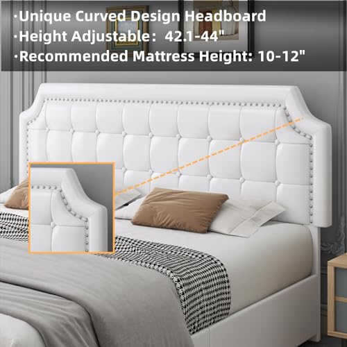 Keyluv Full Size Bed Frame with 4 Drawers, Upholstered Platform Storage Bed with Curved Button Tufted Headboard with Nailhead Trim, Solid Wooden Slats Support, No Box Spring Needed, Off White