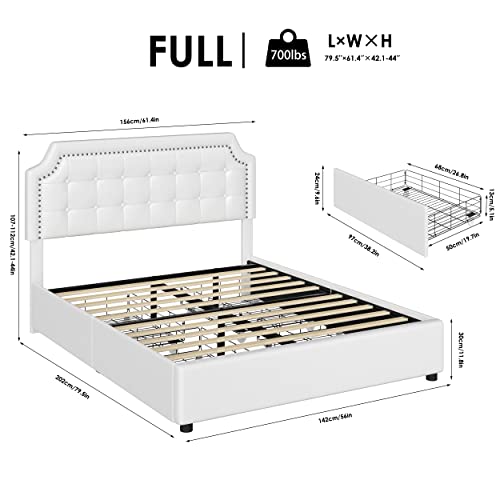 Keyluv Full Size Bed Frame with 4 Drawers, Upholstered Platform Storage Bed with Curved Button Tufted Headboard with Nailhead Trim, Solid Wooden Slats Support, No Box Spring Needed, Off White