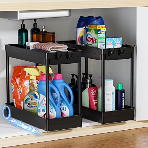 Cicilyna 2 Pack Under Sink Organizer, 2 Tier Bathroom Cabinet Organizers and Storage with Hook, Multi-purpose Storage Basket Shelf for Kitchen, Black