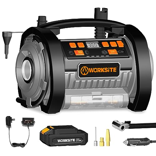 WORKSITE Air Compressor Tire Inflators, 20V Cordless Car Tire Pump with Inflation & Deflation Modes, Dual Powerful Motors, Digital Pressure Gauge, Battery & 12V Car Charger