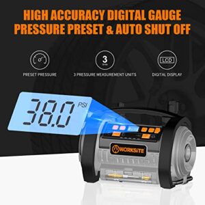 WORKSITE Air Compressor Tire Inflators, 20V Cordless Car Tire Pump with Inflation & Deflation Modes, Dual Powerful Motors, Digital Pressure Gauge, Battery & 12V Car Charger