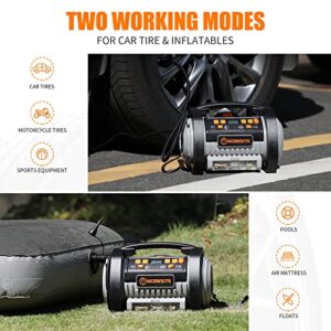 WORKSITE Air Compressor Tire Inflators, 20V Cordless Car Tire Pump with Inflation & Deflation Modes, Dual Powerful Motors, Digital Pressure Gauge, Battery & 12V Car Charger