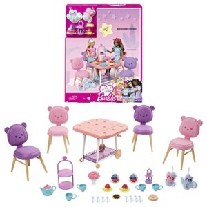 barbie tea party playset for preschoolers, my first tea party playset and accessories, preschool toys and gifts, tea party with 18 storytelling pieces, two plush items, from 3 years, hmm65