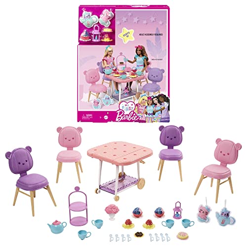 Barbie Tea Party Playset for Preschoolers, My First Tea Party Playset and Accessories, Preschool Toys and Gifts, Tea Party with 18 Storytelling Pieces, Two Plush Items, from 3 Years, HMM65