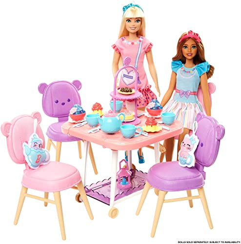 Barbie Tea Party Playset for Preschoolers, My First Tea Party Playset and Accessories, Preschool Toys and Gifts, Tea Party with 18 Storytelling Pieces, Two Plush Items, from 3 Years, HMM65