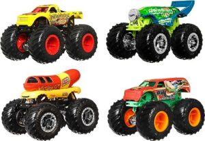 hot wheels monster trucks set of 4 1:64 scale toy trucks, collectible vehicles (styles may vary) (amazon exclusive)