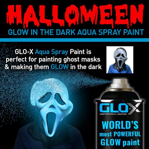 GLO-X Glow In The Dark Spray Paint (10.6 oz Can) Clear Spray Paint That Glows Aqua Blue In The Dark - Powered Light & Sun Activated Glow - In The Dark Paint for Stencil & Decorative Items - Glow Acrylic Paint