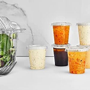 King Zak 150 Sets - 1.5oz, Disposable Mini Plastic Jello Shot Cups With Lids Perfect For Portion Souffle, Condiment, Dipping Sauce, Salad Dressing And More