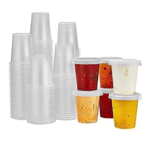 king zak 150 sets - 1.5oz, disposable mini plastic jello shot cups with lids perfect for portion souffle, condiment, dipping sauce, salad dressing and more