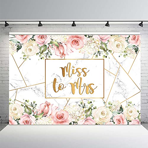 MEHOFOND 7x5ft Miss to Mrs Backdrop for Bridal Shower Pink White Floral White Gold Marbled Wedding Party Decorations Photography Background Engagement Party Banner Supplies Photo Booth Props