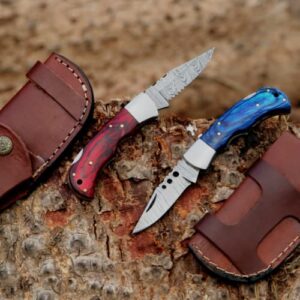 Handmade Damascus pocket knife for men with leather sheath | 2 Pcs Tactical Folding Pocket knife Set with Back Lock | Best Edc Bushcraft knifes for Fishing, Camping, Hiking | Damascus steel Blade Foldable hunting Belt knife with Horizontal Carry sheath |