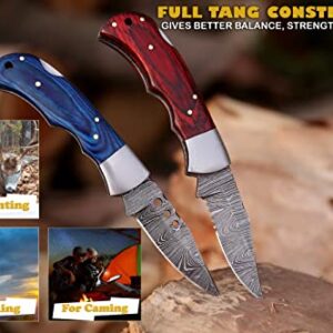 Handmade Damascus pocket knife for men with leather sheath | 2 Pcs Tactical Folding Pocket knife Set with Back Lock | Best Edc Bushcraft knifes for Fishing, Camping, Hiking | Damascus steel Blade Foldable hunting Belt knife with Horizontal Carry sheath |