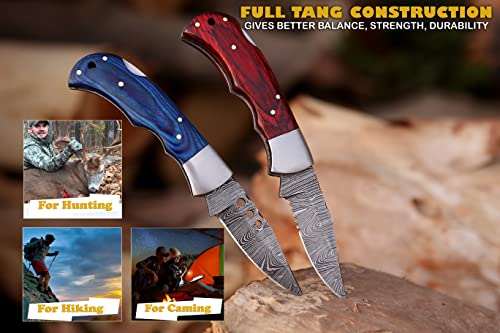 Handmade Damascus pocket knife for men with leather sheath | 2 Pcs Tactical Folding Pocket knife Set with Back Lock | Best Edc Bushcraft knifes for Fishing, Camping, Hiking | Damascus steel Blade Foldable hunting Belt knife with Horizontal Carry sheath |