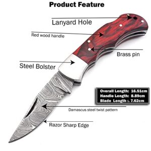 Handmade Damascus pocket knife for men with leather sheath | 2 Pcs Tactical Folding Pocket knife Set with Back Lock | Best Edc Bushcraft knifes for Fishing, Camping, Hiking | Damascus steel Blade Foldable hunting Belt knife with Horizontal Carry sheath |